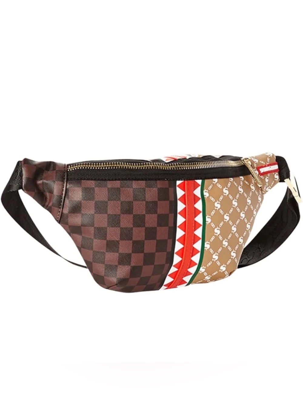 Sprayground Brown Checker & Monogram Waist Bag with Red and Green Trim